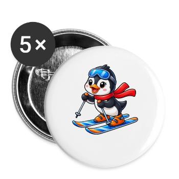 Süßer Pinguin auf Ski Cartoon Wintersport - Buttons groß 56 mm (5er Pack) - Weiß - Vorne