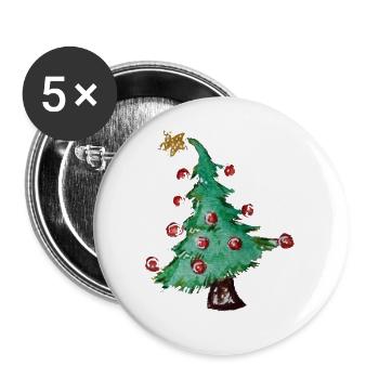Aquarell-Weihnachtsbaum mit roten Ornamenten - Buttons groß 56 mm (5er Pack) - Weiß - Vorne
