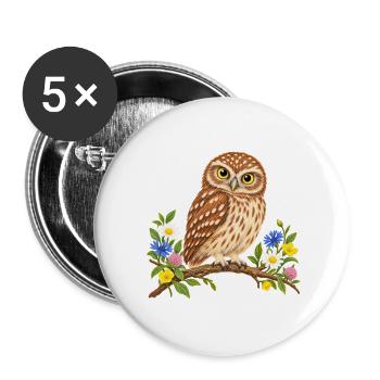 Niedliche Eule auf blühendem Ast - Buttons groß 56 mm (5er Pack) - Weiß - Vorne