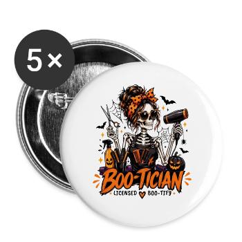 Boo-Tician Halloween-Friseurin Skelettfriseur - Buttons groß 56 mm (5er Pack) - Weiß - Vorne