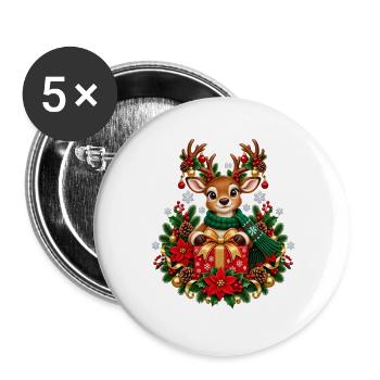 Rentier mit Geschenk im Weihnachtsglanz - Buttons groß 56 mm (5er Pack) - Weiß - Vorne