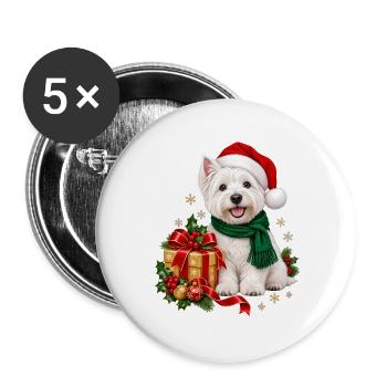 Weihnachts Westi mit Geschenk und Schal - Buttons groß 56 mm (5er Pack) - Weiß - Vorne