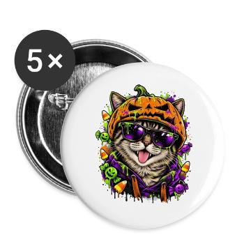 Halloween Katze mit Kürbiskopf - Buttons groß 56 mm (5er Pack) - Weiß - Vorne
