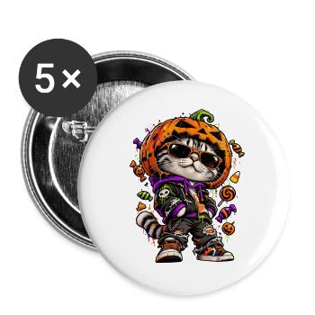 Halloween Katze Mit Kürbismaske - Buttons groß 56 mm (5er Pack) - Weiß - Vorne