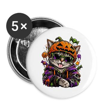 Halloween Katze Mit Kürbismaske - Buttons groß 56 mm (5er Pack) - Weiß - Vorne