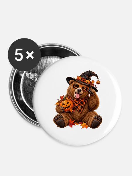 Herbst-Halloween-Bär mit Kürbissen - Buttons groß 56 mm (5er Pack) - Weiß