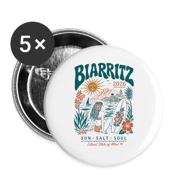 Biarritz 2026 Surf Insel Vibes - Buttons groß 56 mm (5er Pack) - Weiß - Vorne