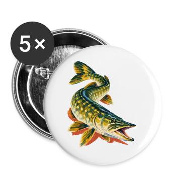 Hecht Angeln Raubfisch Hechtangler Geschenk - Buttons groß 56 mm (5er Pack) - Weiß - Vorne