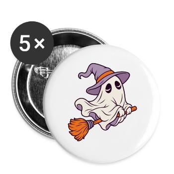 Geist auf Besen mit Hexenhut - Buttons groß 56 mm (5er Pack) - Weiß - Vorne