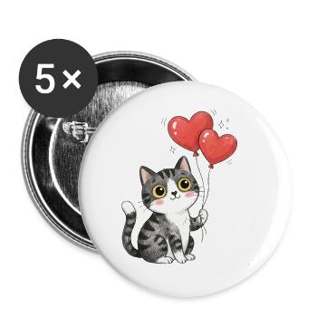 Süße Katze Herz Luftballon Katzenliebe T-Shirt - Buttons groß 56 mm (5er Pack) - Weiß - Vorne