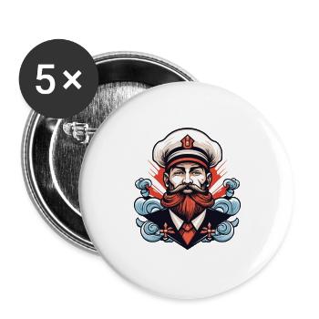 Kapitän mit Bart und Wellen - Buttons groß 56 mm (5er Pack) - Weiß - Vorne