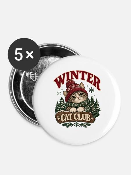 Winter Cat Club Gemütliche Katze - Buttons groß 56 mm (5er Pack) - Weiß