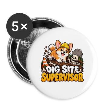 Baugrubenchef Hund - Buttons groß 56 mm (5er Pack) - Weiß - Vorne