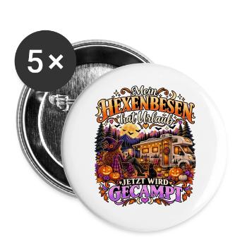 Hexenbesen Urlaub Camping im Wald - Buttons groß 56 mm (5er Pack) - Weiß - Vorne