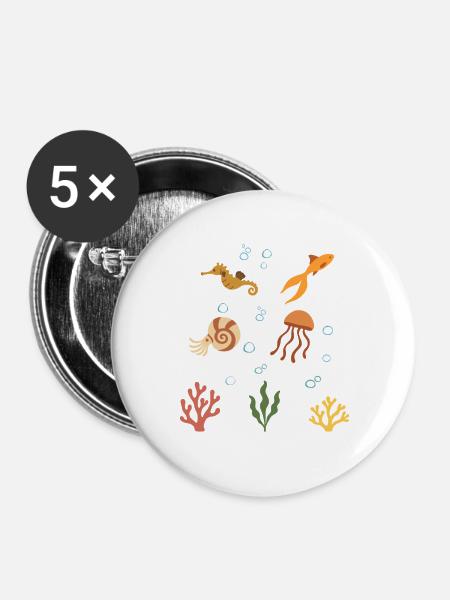 Seepferdchen Unterwasser Kinder Goldfisch - Buttons groß 56 mm (5er Pack) - Weiß