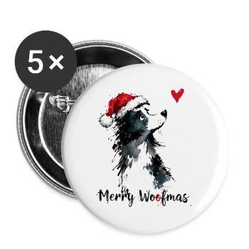 Border Collie Weihnachtsmütze Merry Woofmas Herz - Buttons groß 56 mm (5er Pack) - Weiß - Vorne