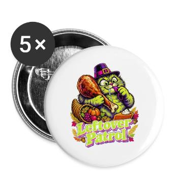 Thanksgiving-Katze Leftover Patrol beim Truthahn - Buttons groß 56 mm (5er Pack) - Weiß - Vorne