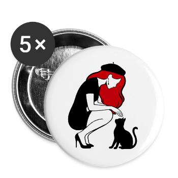 donna_con_capelli_rossi_basco_e_gatto_nero - Buttons groß 56 mm (5er Pack) - Weiß - Vorne