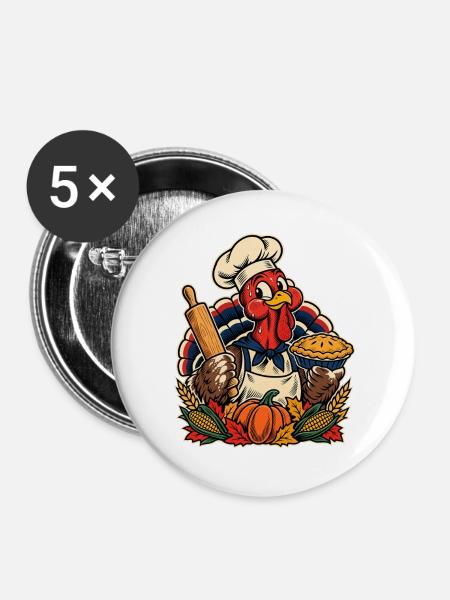 Thanksgiving Truthahn Bäcker mit Kürbis-Pie - Buttons groß 56 mm (5er Pack) - Weiß