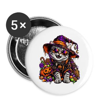 Bunte Halloween Hexenkatze mit Süßem - Buttons groß 56 mm (5er Pack) - Weiß - Vorne