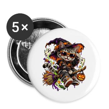 Halloween Hexenkatze auf Besen - Buttons groß 56 mm (5er Pack) - Weiß - Vorne