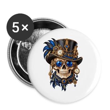 Totenkopf, Totenkopf, Steampunk-Hut, blaue Federn - Buttons groß 56 mm (5er Pack) - Weiß - Vorne