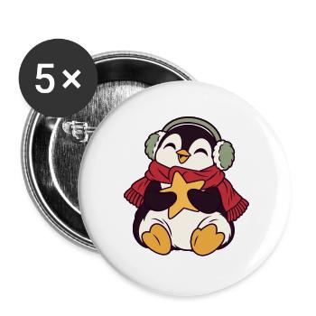 Winterpinguin mit Stern und Kopfhörern - Buttons groß 56 mm (5er Pack) - Weiß - Vorne
