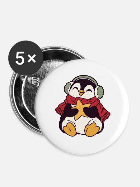 Winterpinguin mit Stern und Kopfhörern - Buttons groß 56 mm (5er Pack) - Weiß