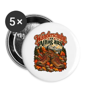 Wanderschuhe an, Alltag aus - Buttons groß 56 mm (5er Pack) - Weiß - Vorne