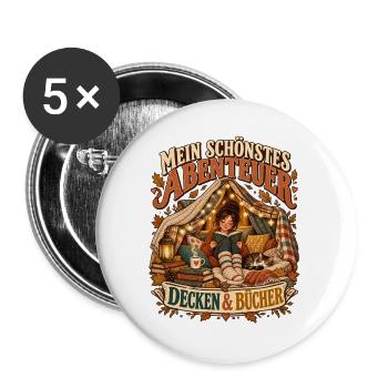 Mein schönstes Abenteuer – Decken & Bücher - Buttons groß 56 mm (5er Pack) - Weiß - Vorne