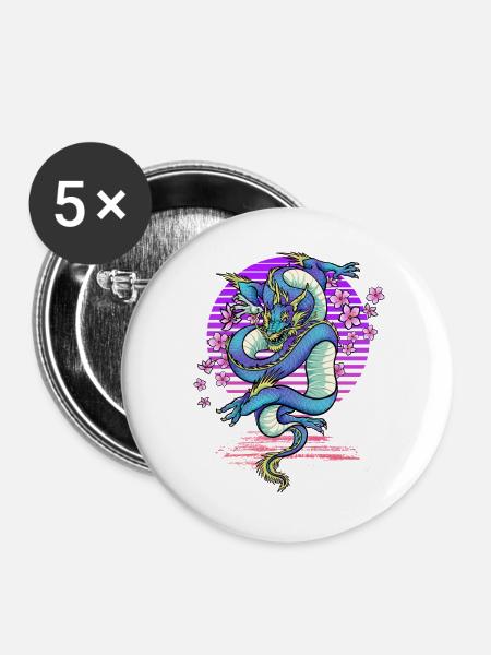 Drache Kirschblüten Fantasy - Buttons groß 56 mm (5er Pack) - Weiß