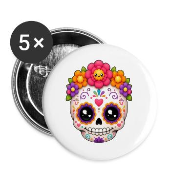 Halloween Sugar Skull Sugarskull kawaii - Buttons groß 56 mm (5er Pack) - Weiß - Vorne