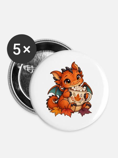 Herbstdrache mit Kakao - Buttons groß 56 mm (5er Pack) - Weiß