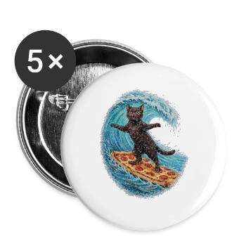 Schwarzer Kater surft auf Pizza Welle - Buttons groß 56 mm (5er Pack) - Weiß - Vorne