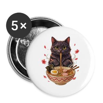 Schwarzer Kater schlürft Ramen Nudeln - Buttons groß 56 mm (5er Pack) - Weiß - Vorne