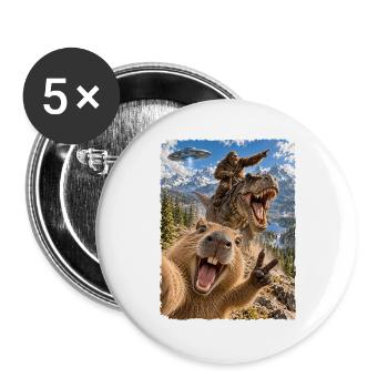 Lustiges Capybara Selfie mit Bigfoot, T-Rex, UFO - Buttons groß 56 mm (5er Pack) - Weiß - Vorne