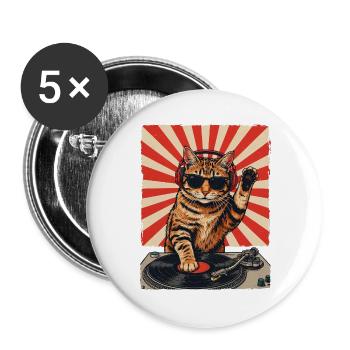 Retro DJ Katze Rot Getigert Plattenspieler - Buttons groß 56 mm (5er Pack) - Weiß - Vorne