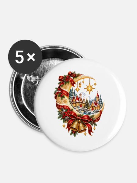 Weihnachtsmonddorf und Sterne - Buttons groß 56 mm (5er Pack) - Weiß