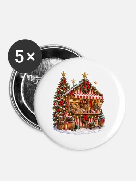 Weihnachtsmarkt-Chalet - Buttons groß 56 mm (5er Pack) - Weiß