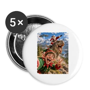 Lustiges Elf Selfie mit Weihnachtsmann, T-Rex, UFO - Buttons groß 56 mm (5er Pack) - Weiß - Vorne