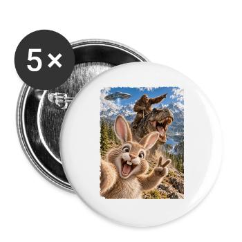 Osterhase Selfie mit Bigfoot, T-Rex, UFO - Buttons groß 56 mm (5er Pack) - Weiß - Vorne