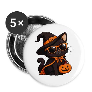 Halloween-Katze mit Kürbiskorb - Buttons groß 56 mm (5er Pack) - Weiß - Vorne