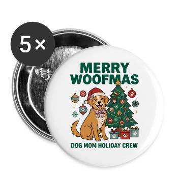 Fröhliche Woofmas Hundemama-Weihnachtscrew - Buttons groß 56 mm (5er Pack) - Weiß - Vorne