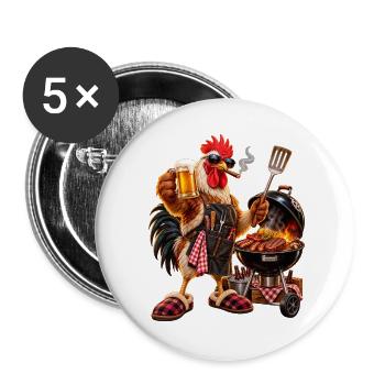 Der König des Grills – Verrückter Hahn mit Hausschuhen - Buttons groß 56 mm (5er Pack) - Weiß - Vorne