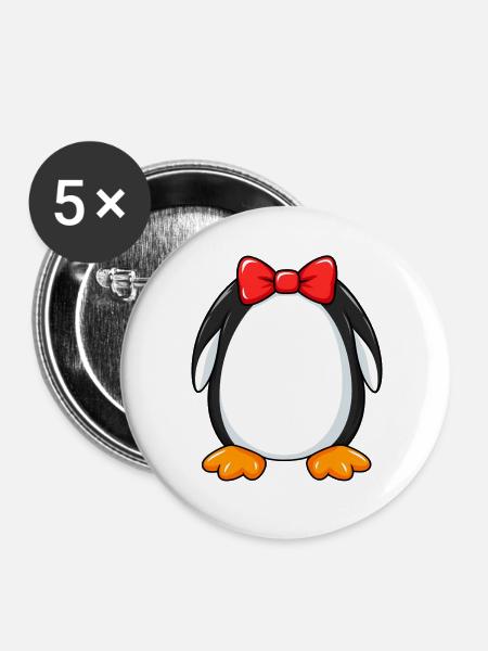 Pinguin mit roter Schleife - Buttons groß 56 mm (5er Pack) - Weiß