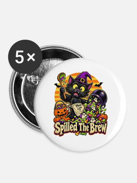 Halloween-Hexenkatze Spilled The Brew - Buttons groß 56 mm (5er Pack) - Weiß