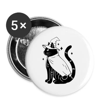 Magische Halloween Katze als Hexe - SW - Buttons groß 56 mm (5er Pack) - Weiß - Vorne