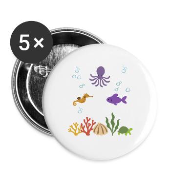 Krake Unterwasser Kinder Seepferdchen Fisch - Buttons groß 56 mm (5er Pack) - Weiß - Vorne