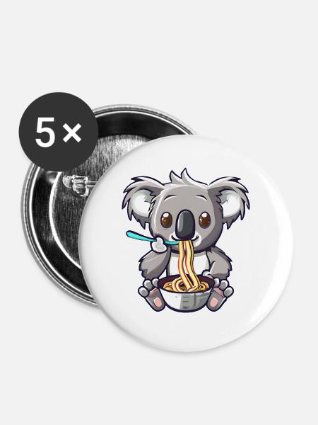 Koala isst Ramen Nudeln - Buttons groß 56 mm (5er Pack) - Weiß