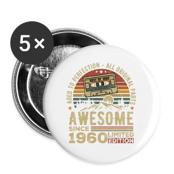 Vintage Geburtstagsgeschenk aus den 1960er Jahren | Jahrgang 1960 - Buttons groß 56 mm (5er Pack) - Weiß - Vorne